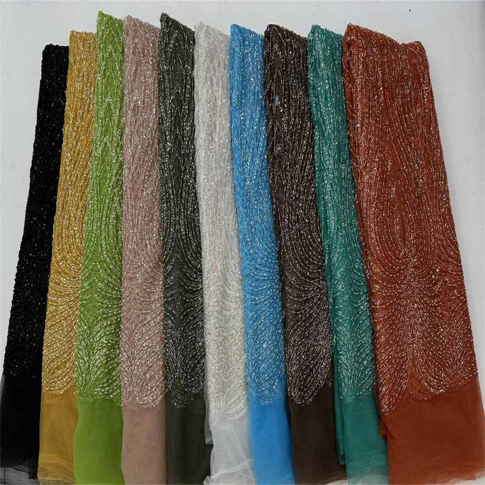 5 Yards Colored Tulle Sequined Faux Pearls Beaded Embroidered Lace Fabric JJ017