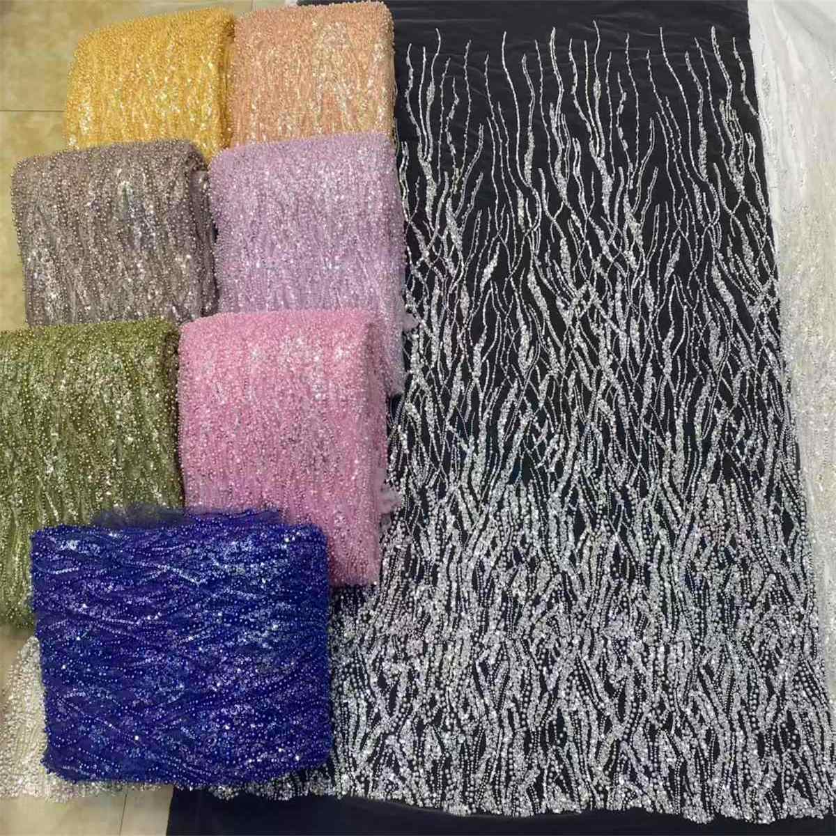 5 Yards Pearls Beaded Lace Material Fabric