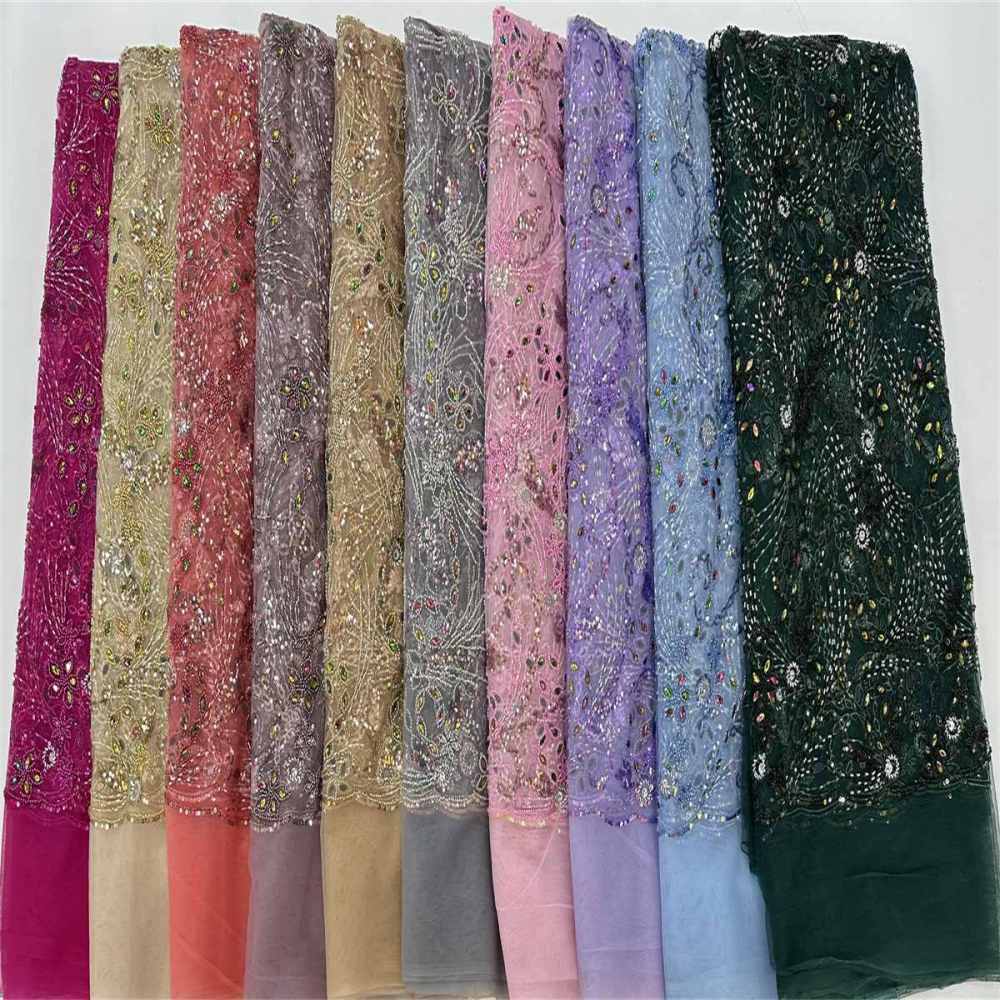 5 Yards Colored Tulle Stones Sequined Beaded Embroidered Lace Fabric JJ007