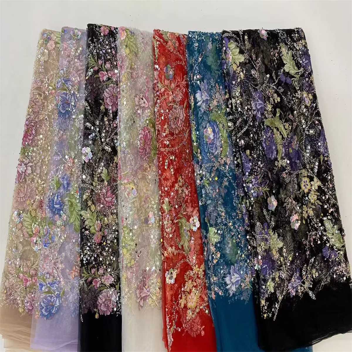 5 Yards Multi-Colored Tulle Sequined Beaded Embroidered Lace Fabric JJ060