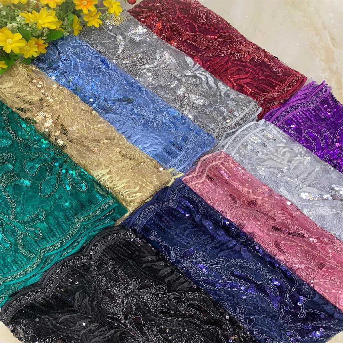 5 Yards Embroidered Sequin Fabric, Corded Embroidered Sequin Tulle Lace | Love in Lace | NO. DX014