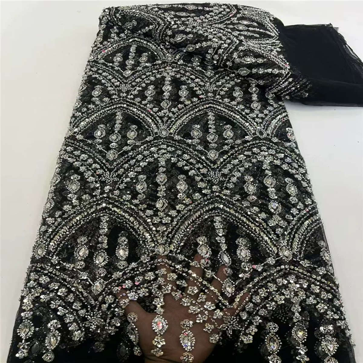 Rhinestones Beaded Tulle Lace Fabric for Dresses - 5 Yards | FID HN495