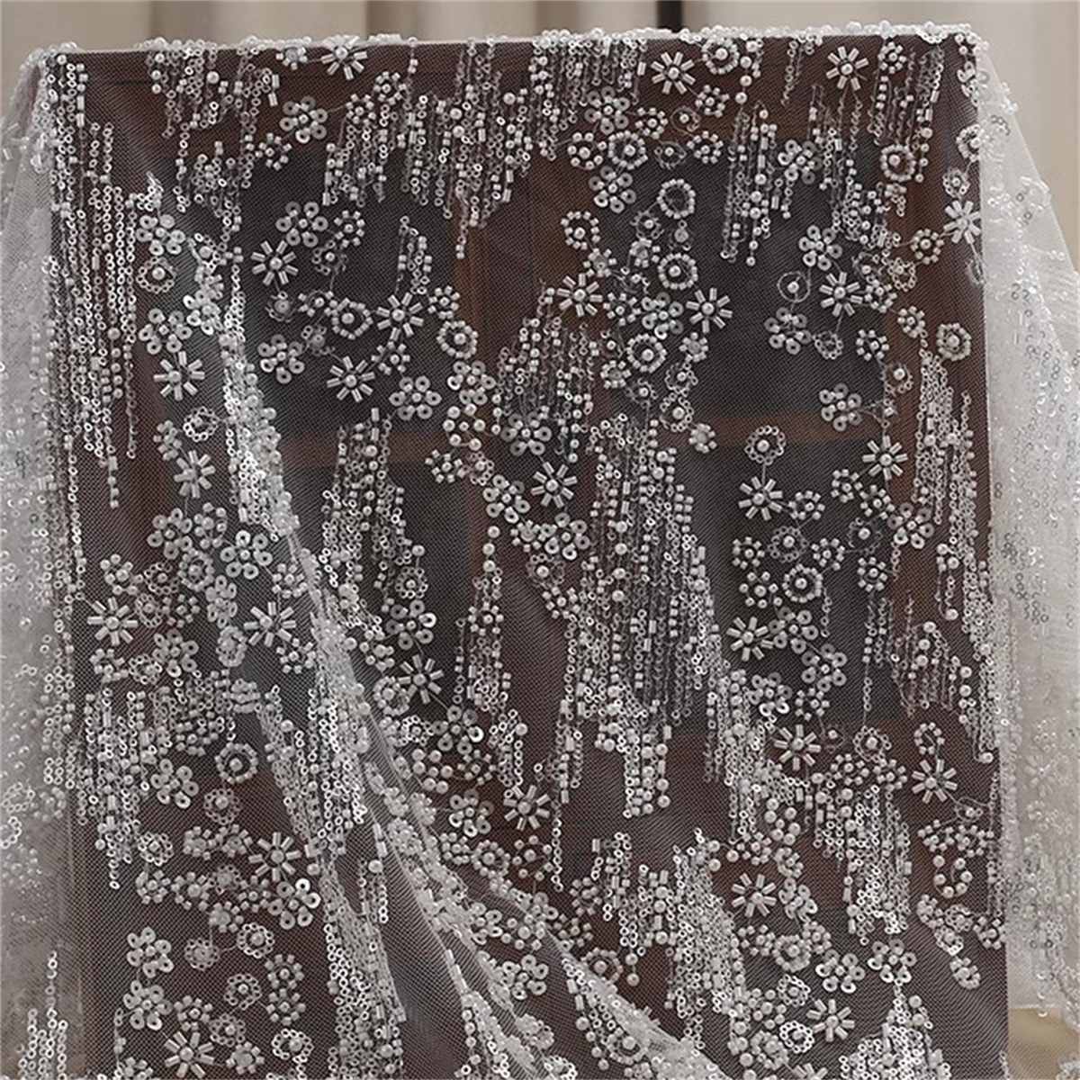 Beaded Bridal Lace Fabric for Wedding Dresses - 1 Yard | ART RX100