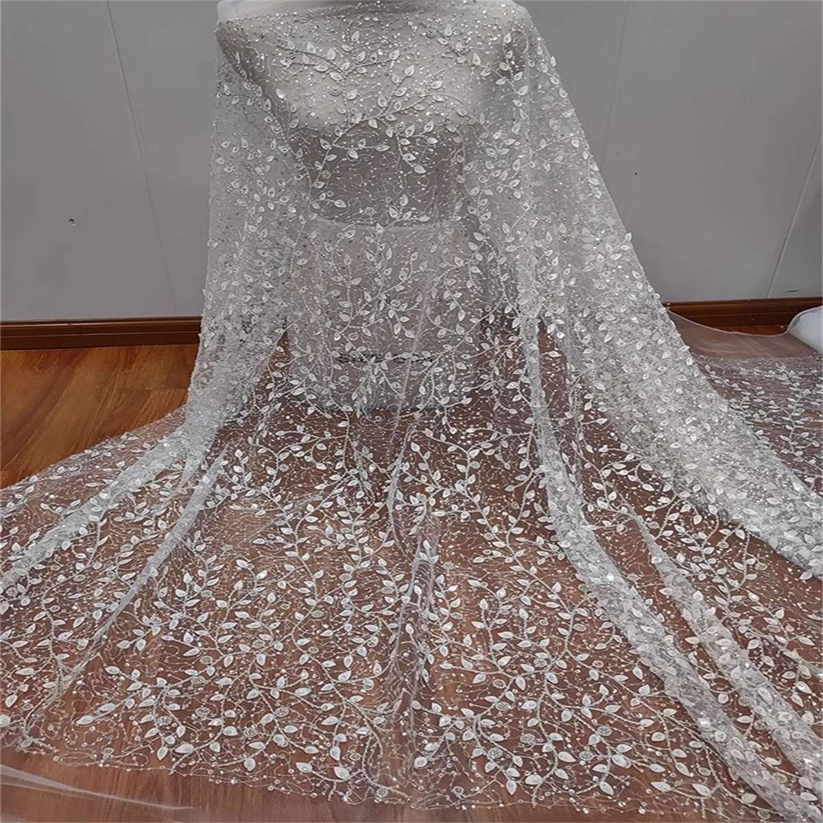 Embroidered Beaded Bridal Lace Fabric for Wedding Dresses - 1 Yard | CID RX114