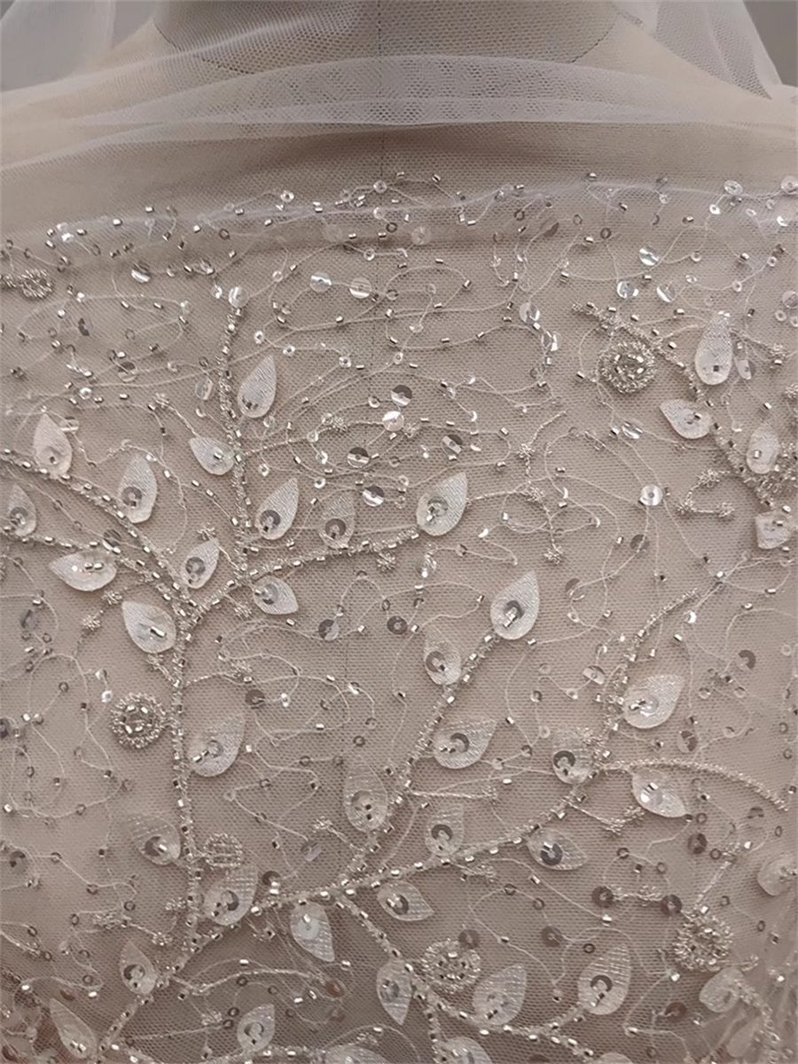 Embroidered Beaded Bridal Lace Fabric for Wedding Dresses - 1 Yard | CID RX114