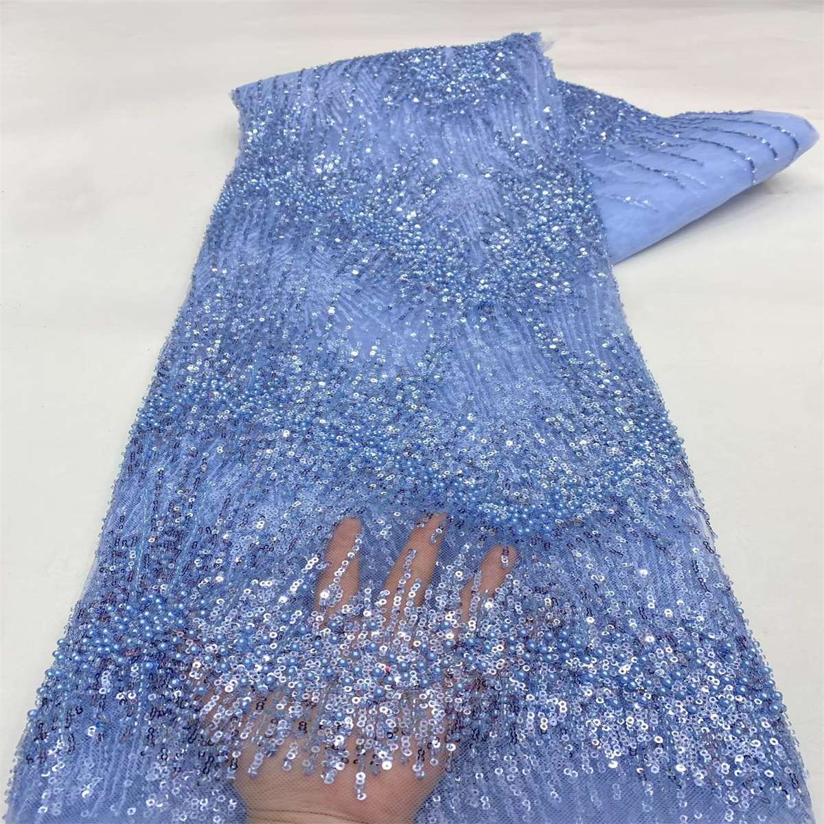 Beaded Fabric for Prom Dresses - 5 Yards, Embellished Tulle Fabric with Beads, Sequins, Pearls