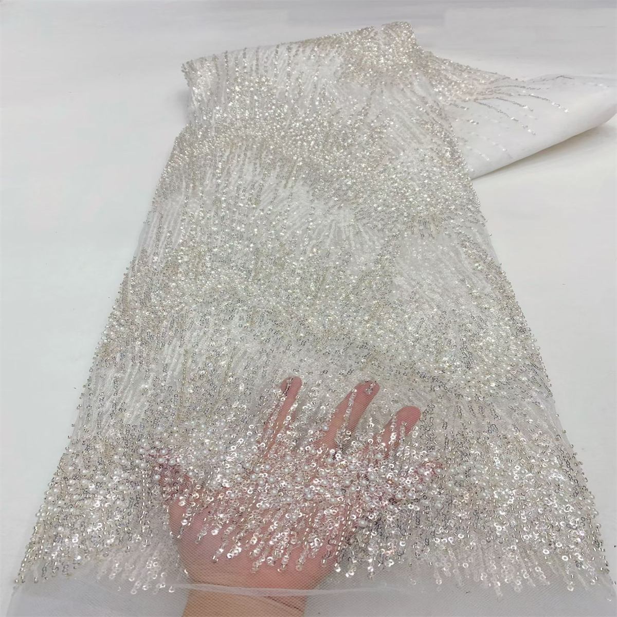 Beaded Fabric for Prom Dresses - 5 Yards, Embellished Tulle Fabric with Beads, Sequins, Pearls