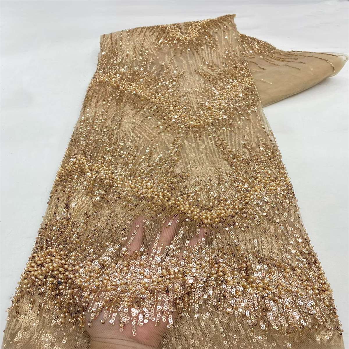 Beaded Fabric for Prom Dresses - 5 Yards, Embellished Tulle Fabric with Beads, Sequins, Pearls