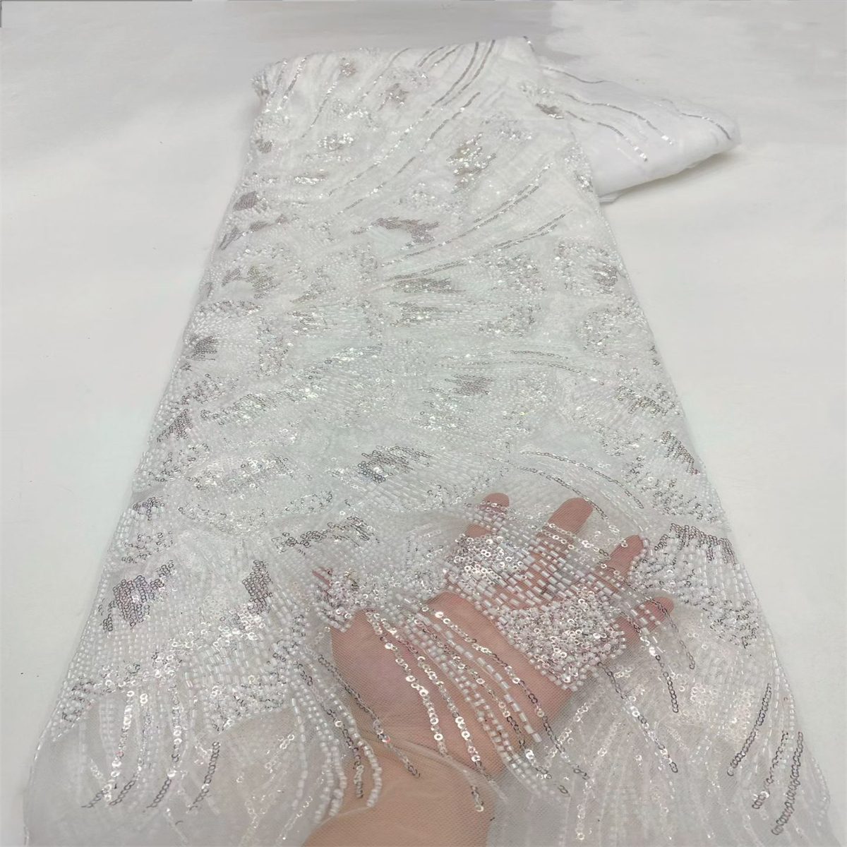 Beaded Fabric for Prom Dresses - 5 Yards, Embellished Tulle Fabric with Beads, Sequins, Pearls