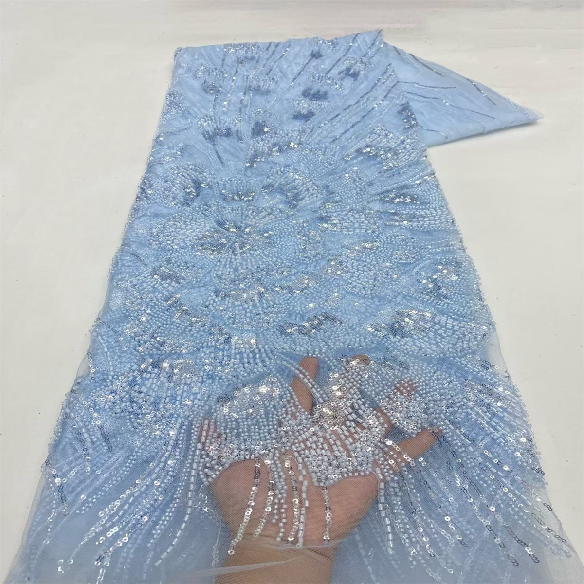 Beaded Fabric for Prom Dresses - 5 Yards, Embellished Tulle Fabric with Beads, Sequins, Pearls