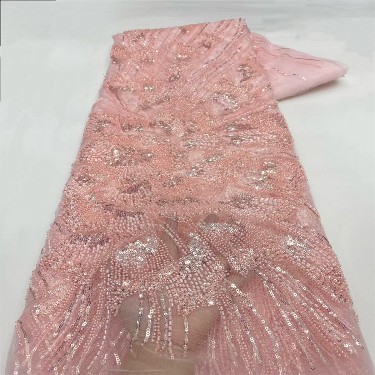 Beaded Fabric for Prom Dresses - 5 Yards, Embellished Tulle Fabric with Beads, Sequins, Pearls