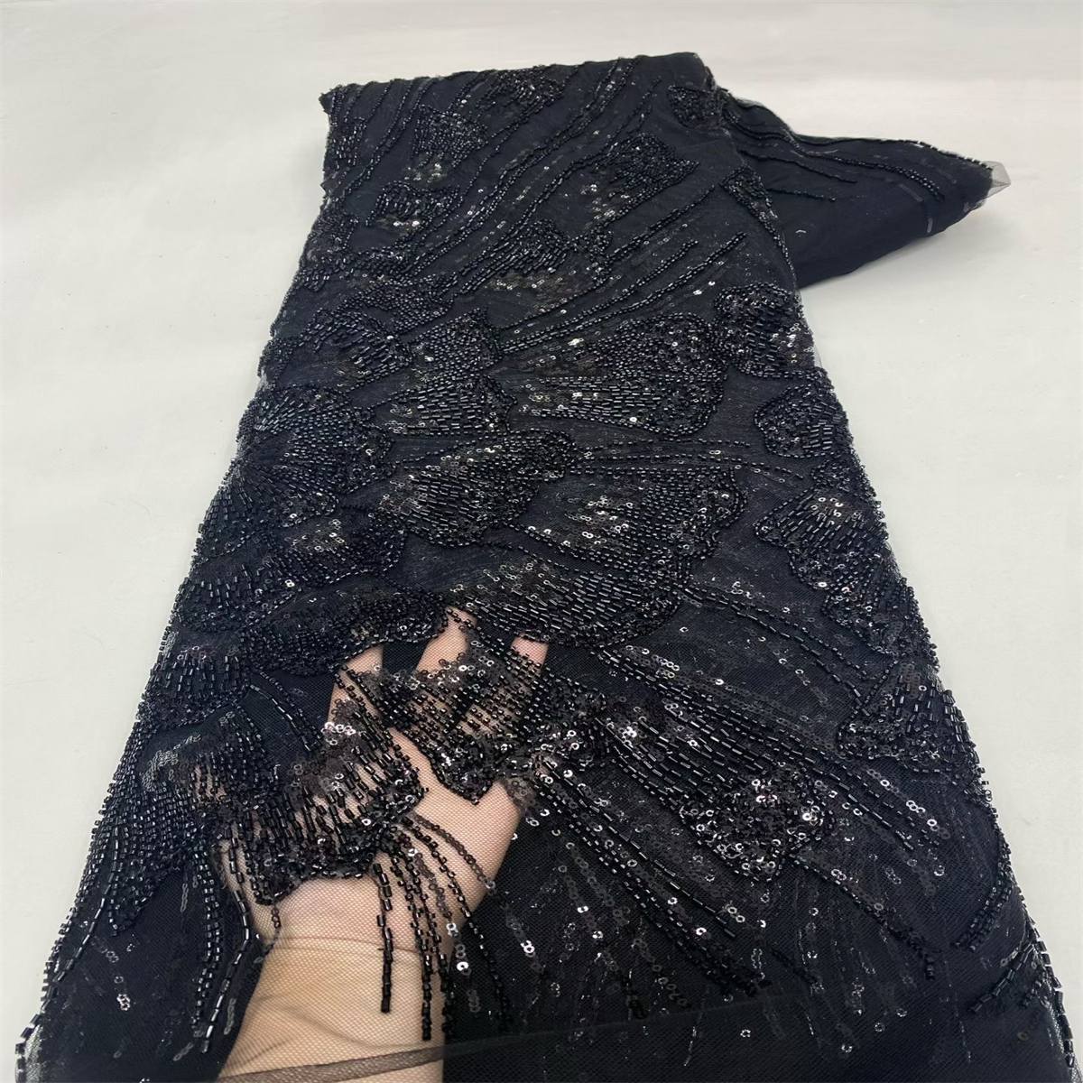 Beaded Fabric for Prom Dresses - 5 Yards, Embellished Tulle Fabric with Beads, Sequins, Pearls