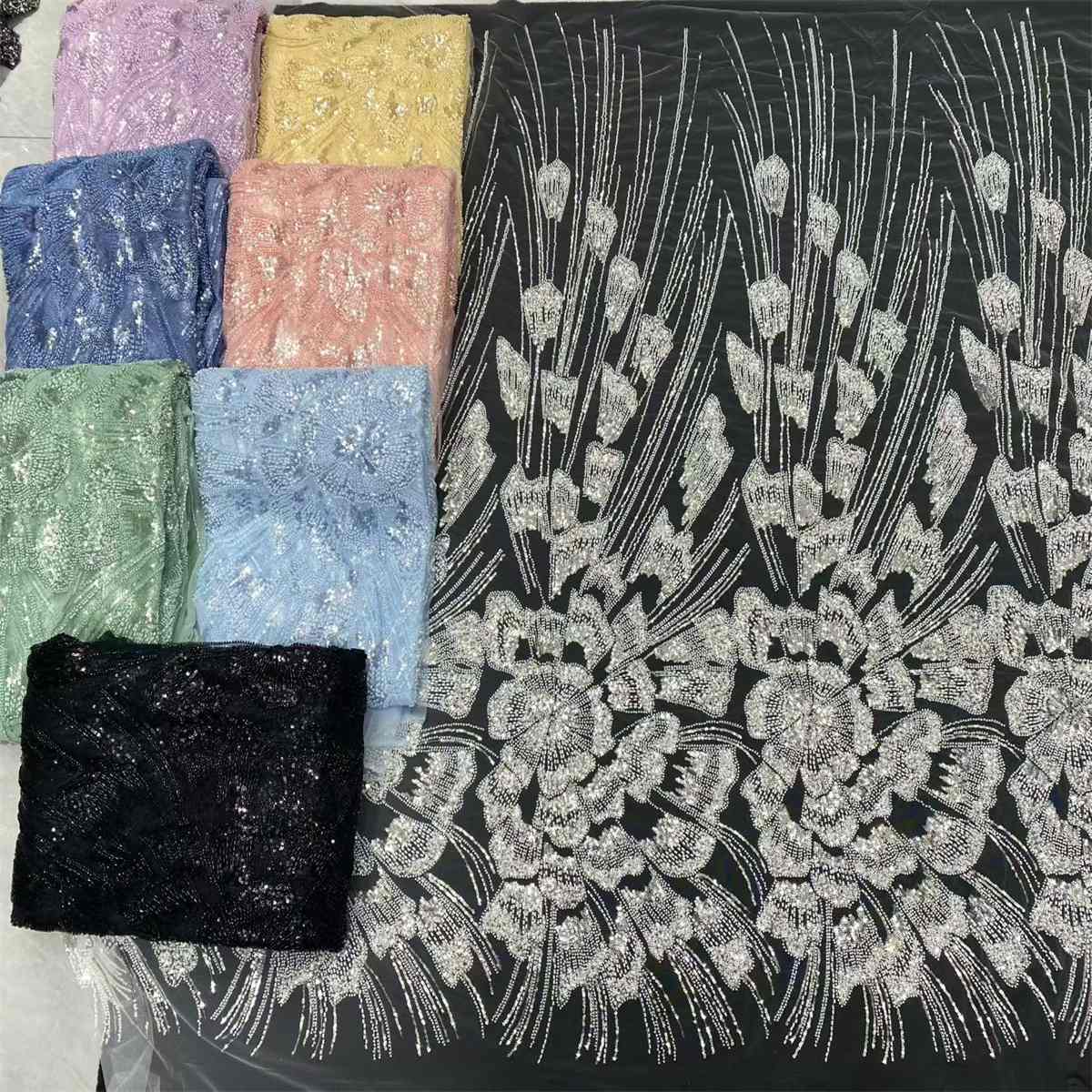 Beaded Fabric for Prom Dresses - 5 Yards, Embellished Tulle Fabric with Beads, Sequins, Pearls