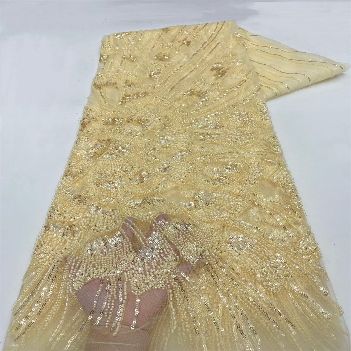 Beaded Fabric for Prom Dresses - 5 Yards, Embellished Tulle Fabric with Beads, Sequins, Pearls