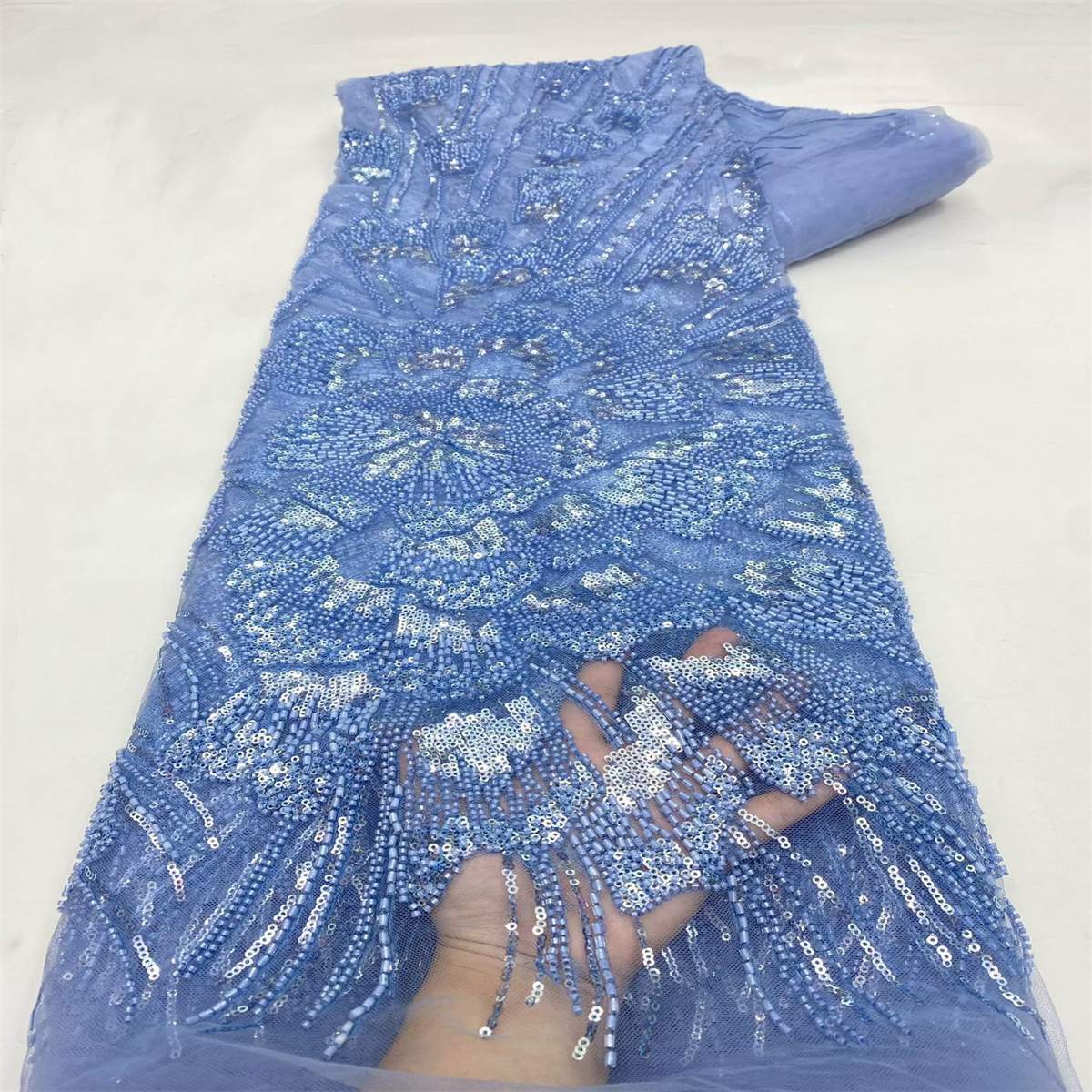 Beaded Fabric for Prom Dresses - 5 Yards, Embellished Tulle Fabric with Beads, Sequins, Pearls