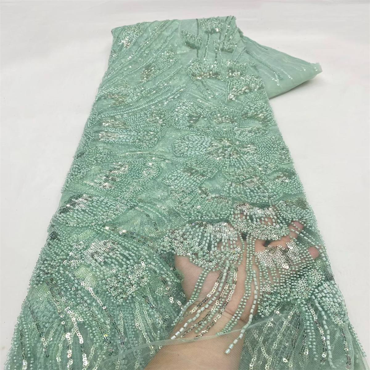 Beaded Fabric for Prom Dresses - 5 Yards, Embellished Tulle Fabric with Beads, Sequins, Pearls