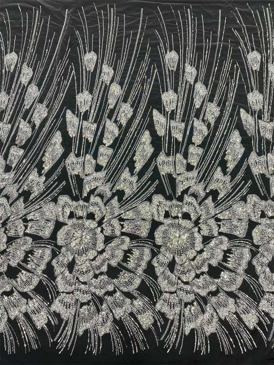 Beaded Fabric for Prom Dresses - 5 Yards, Embellished Tulle Fabric with Beads, Sequins, Pearls