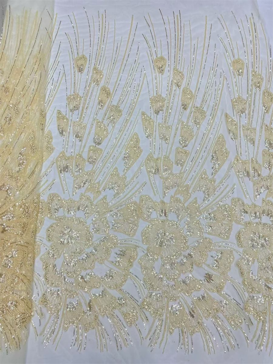 Beaded Fabric for Prom Dresses - 5 Yards, Embellished Tulle Fabric with Beads, Sequins, Pearls