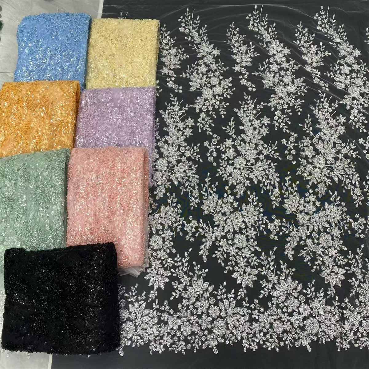 Beaded Fabric for Prom Dresses - 5 Yards, Embellished Tulle Fabric with Beads, Sequins, Pearls
