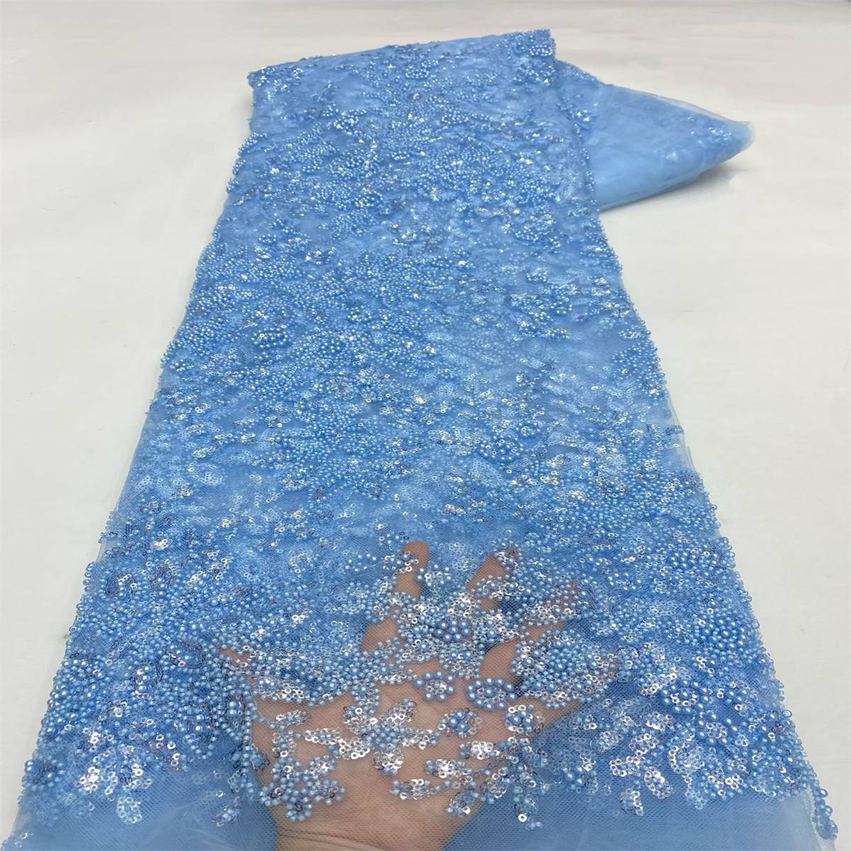 Beaded Fabric for Prom Dresses - 5 Yards, Embellished Tulle Fabric with Beads, Sequins, Pearls