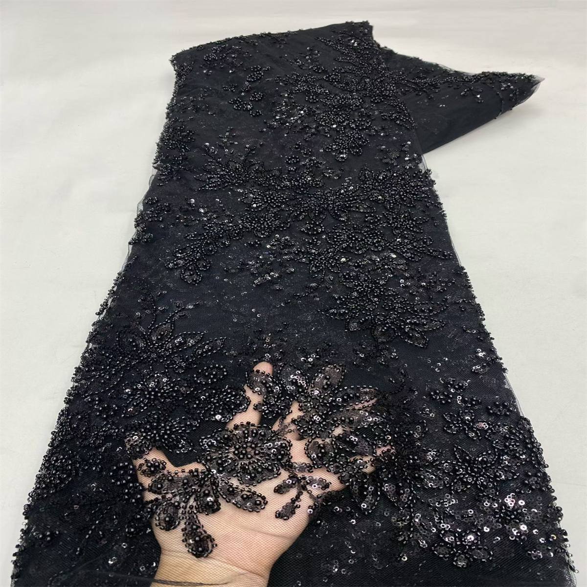 Beaded Fabric for Prom Dresses - 5 Yards, Embellished Tulle Fabric with Beads, Sequins, Pearls