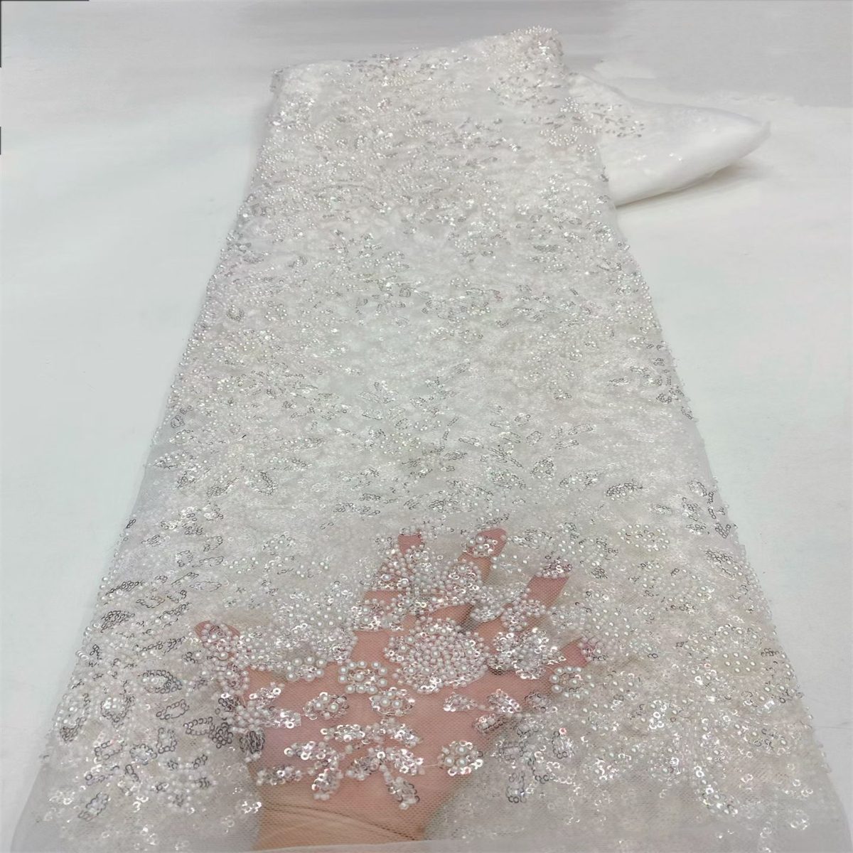 Beaded Fabric for Prom Dresses - 5 Yards, Embellished Tulle Fabric with Beads, Sequins, Pearls