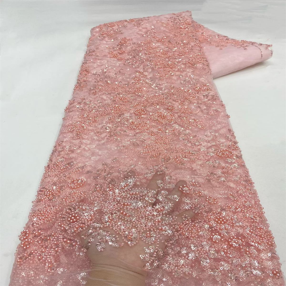 Beaded Fabric for Prom Dresses - 5 Yards, Embellished Tulle Fabric with Beads, Sequins, Pearls