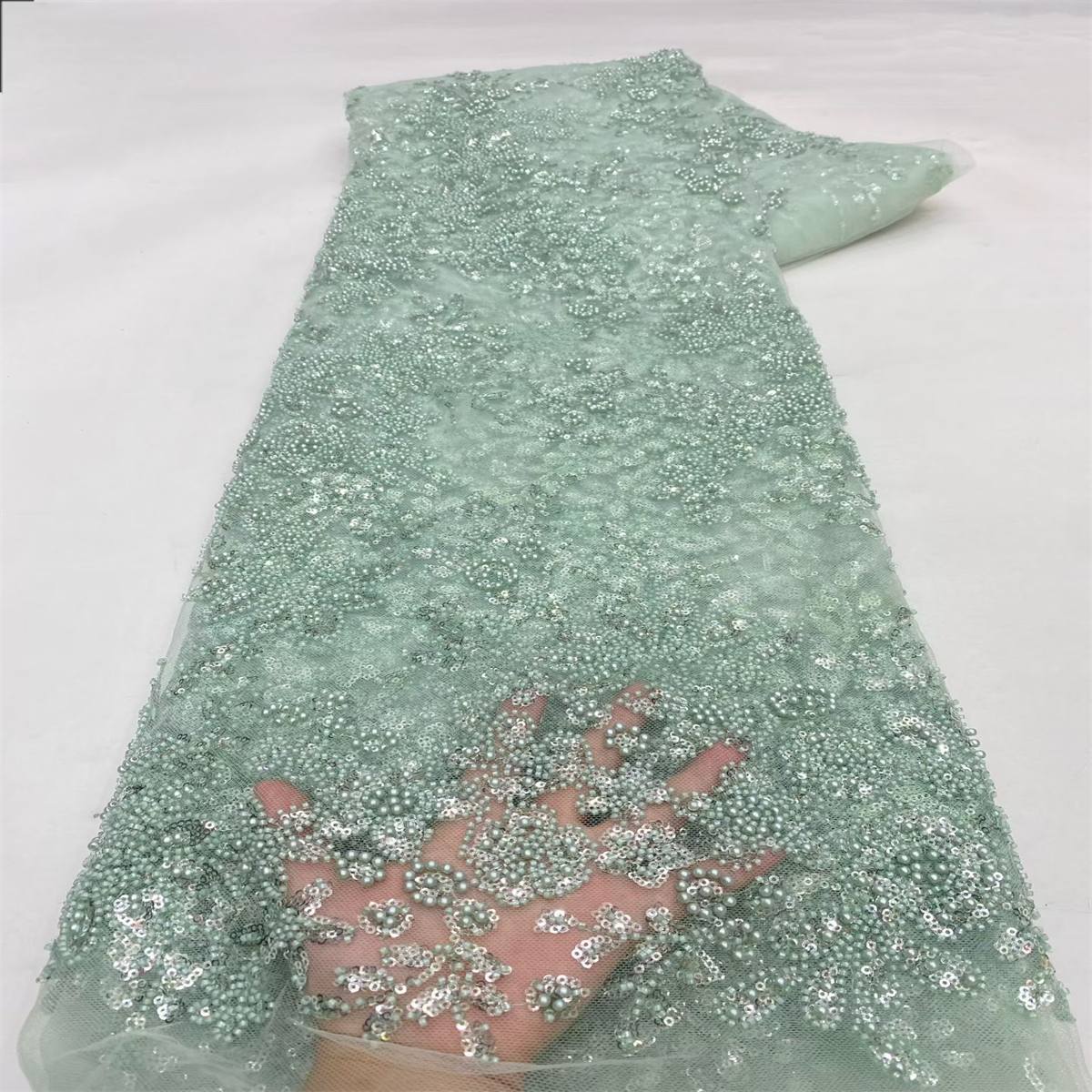 Beaded Fabric for Prom Dresses - 5 Yards, Embellished Tulle Fabric with Beads, Sequins, Pearls