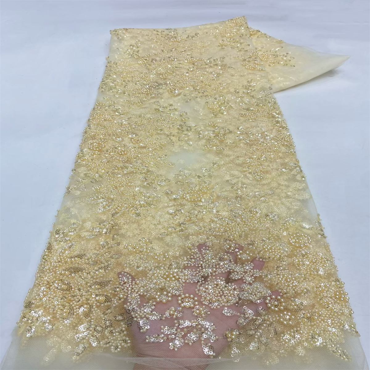 Beaded Fabric for Prom Dresses - 5 Yards, Embellished Tulle Fabric with Beads, Sequins, Pearls