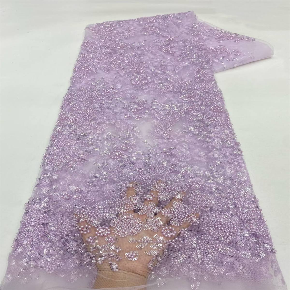 Beaded Fabric for Prom Dresses - 5 Yards, Embellished Tulle Fabric with Beads, Sequins, Pearls