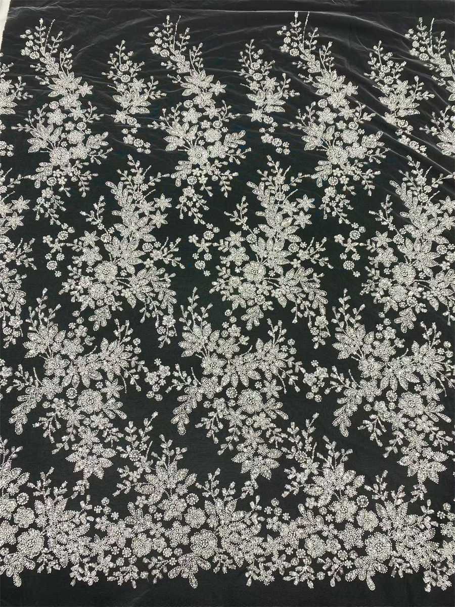 Beaded Fabric for Prom Dresses - 5 Yards, Embellished Tulle Fabric with Beads, Sequins, Pearls