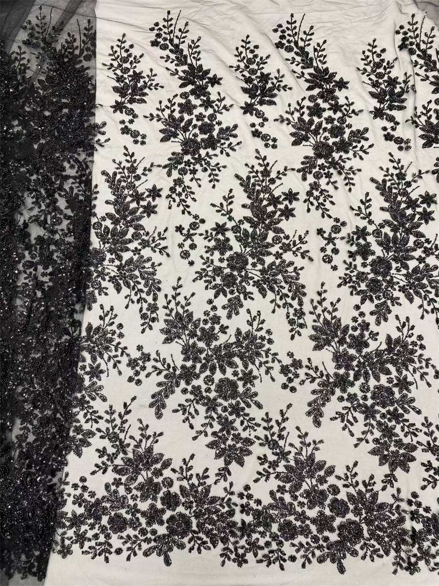 Beaded Fabric for Prom Dresses - 5 Yards, Embellished Tulle Fabric with Beads, Sequins, Pearls