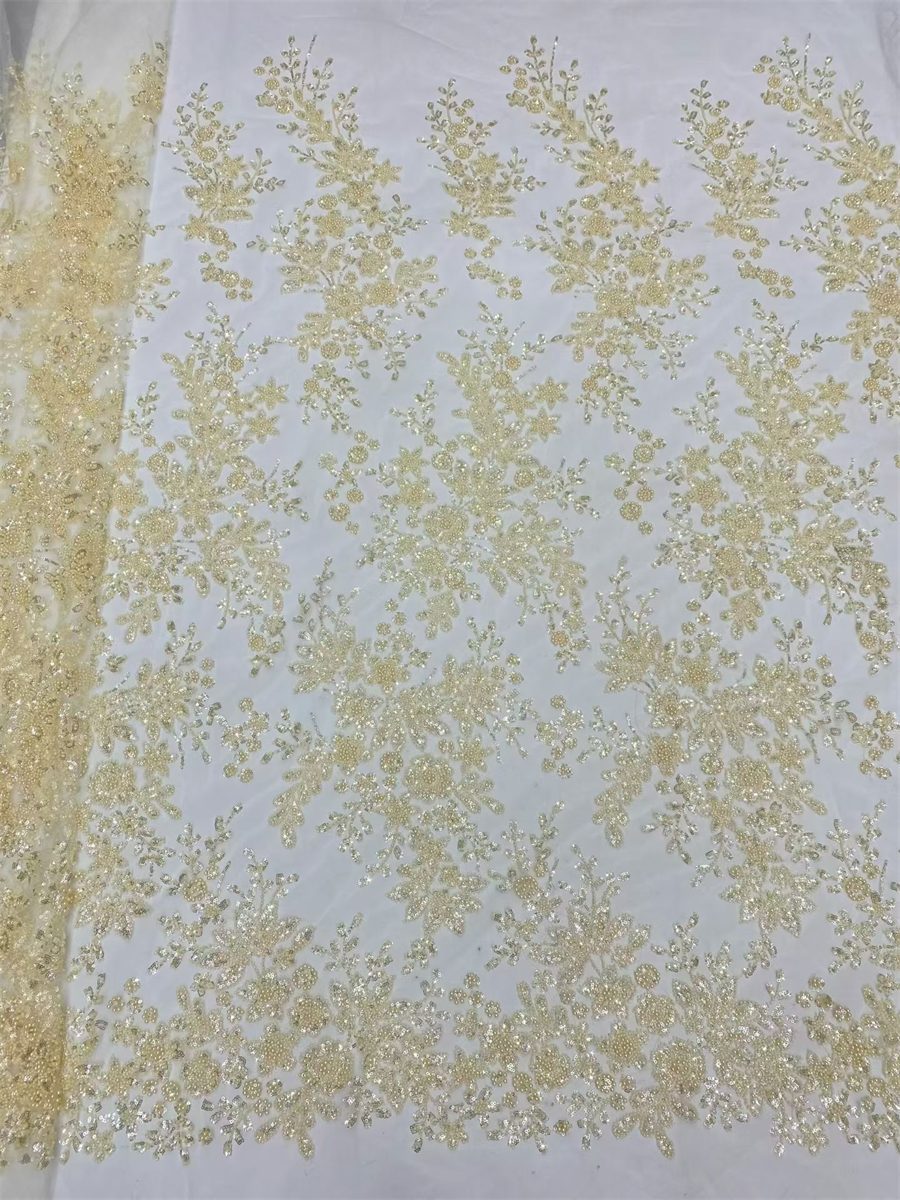 Beaded Fabric for Prom Dresses - 5 Yards, Embellished Tulle Fabric with Beads, Sequins, Pearls