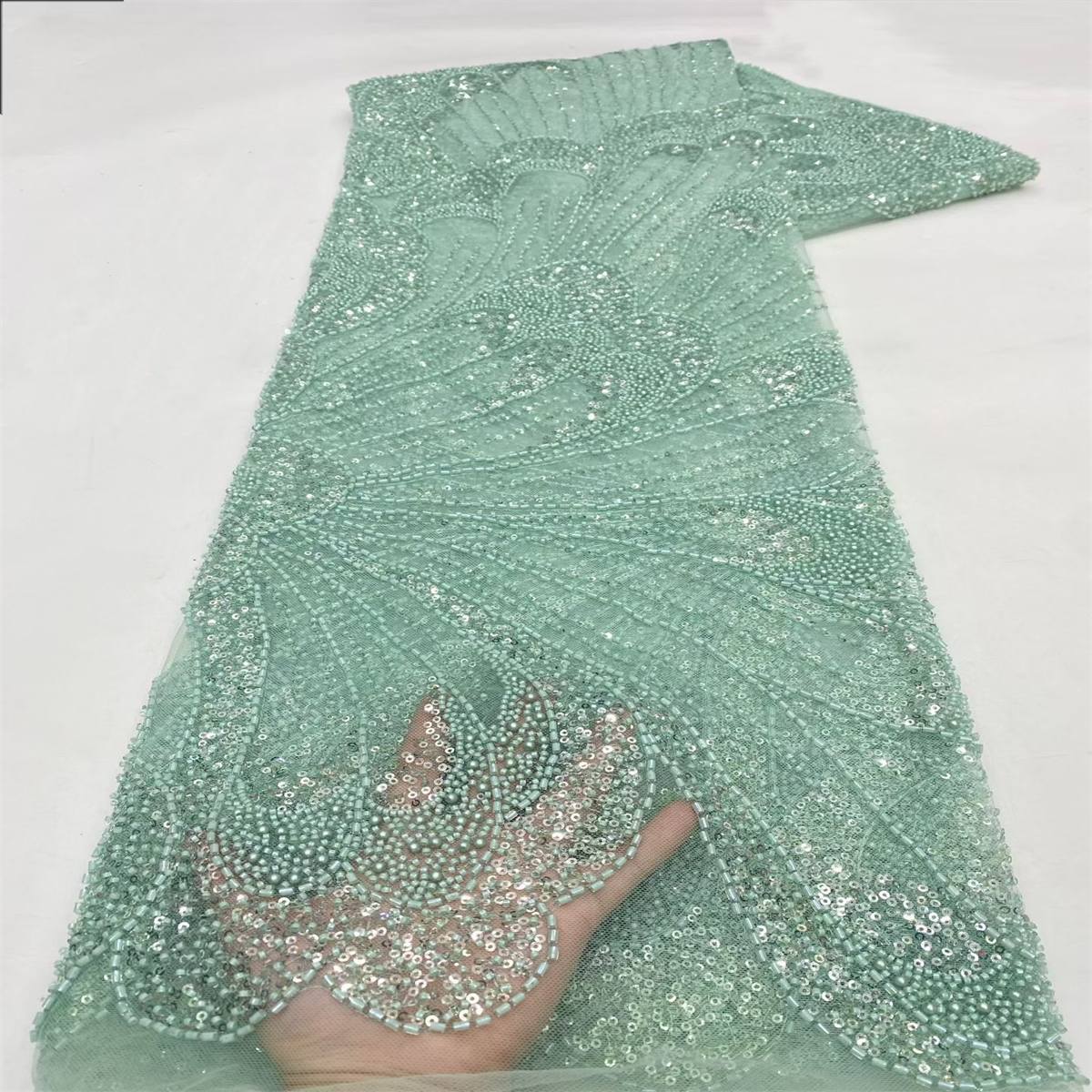 Beaded Fabric for Prom Dresses - 5 Yards, Embellished Tulle Fabric with Beads, Sequins, Pearls