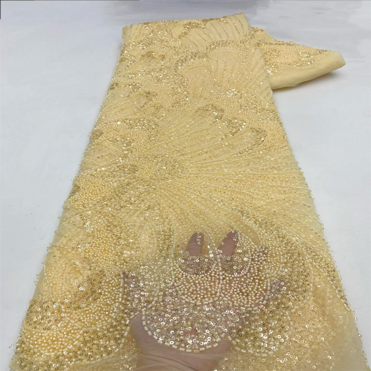 Beaded Fabric for Prom Dresses - 5 Yards, Embellished Tulle Fabric with Beads, Sequins, Pearls