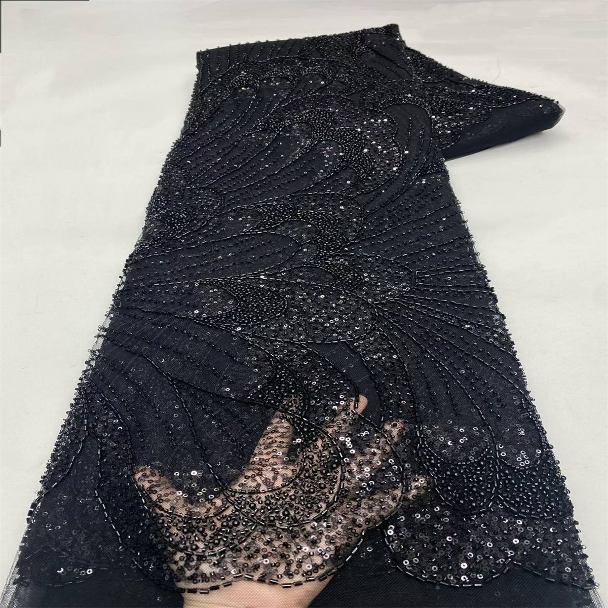 Beaded Fabric for Prom Dresses - 5 Yards, Embellished Tulle Fabric with Beads, Sequins, Pearls