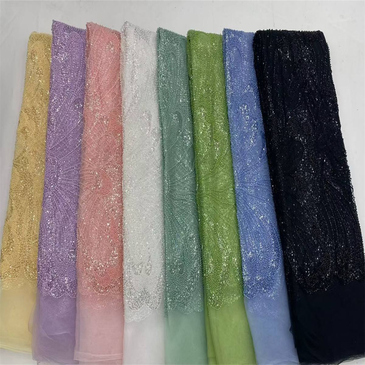 Beaded Fabric for Prom Dresses - 5 Yards, Embellished Tulle Fabric with Beads, Sequins, Pearls