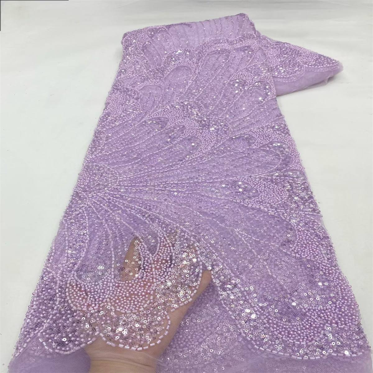 Beaded Fabric for Prom Dresses - 5 Yards, Embellished Tulle Fabric with Beads, Sequins, Pearls