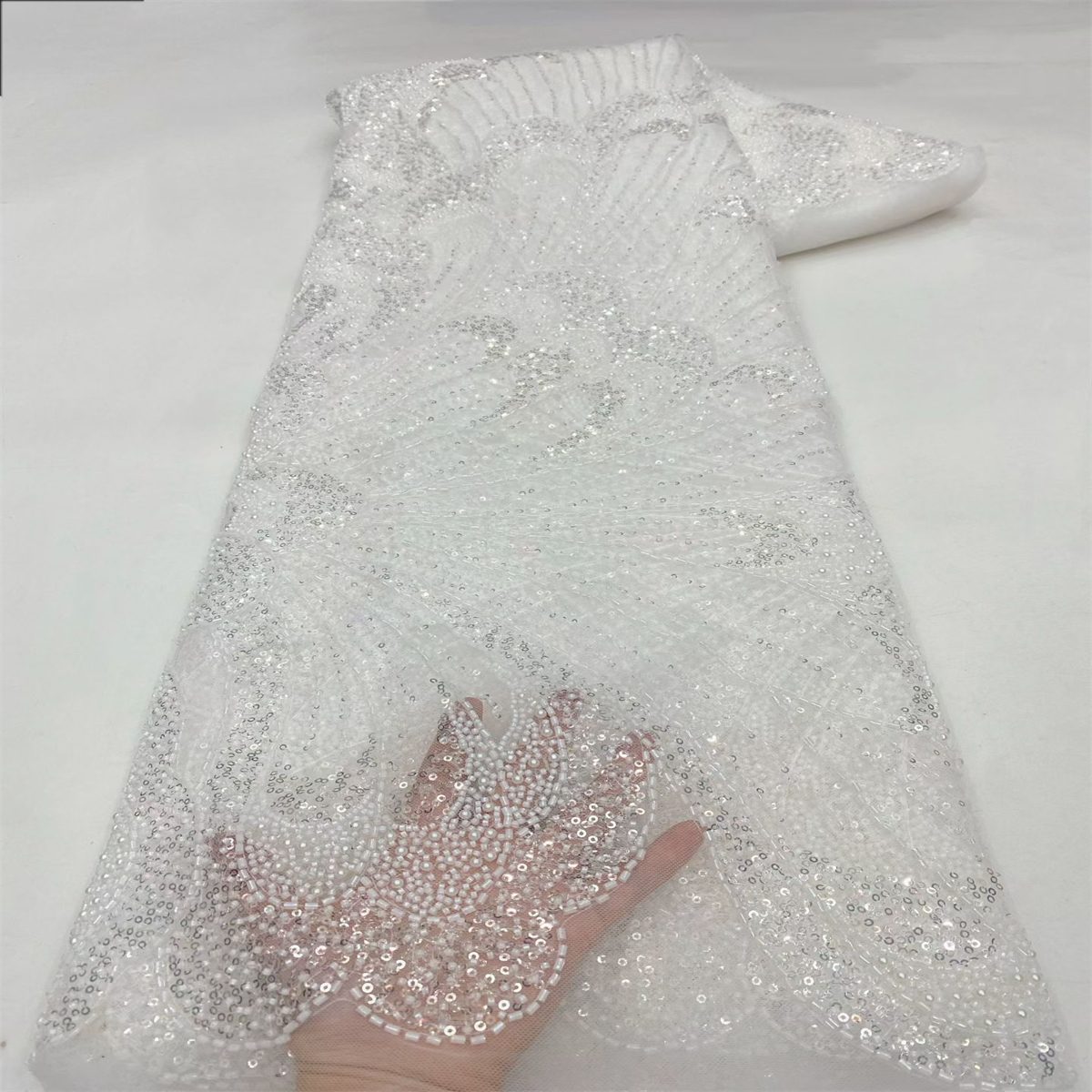 Beaded Fabric for Prom Dresses - 5 Yards, Embellished Tulle Fabric with Beads, Sequins, Pearls