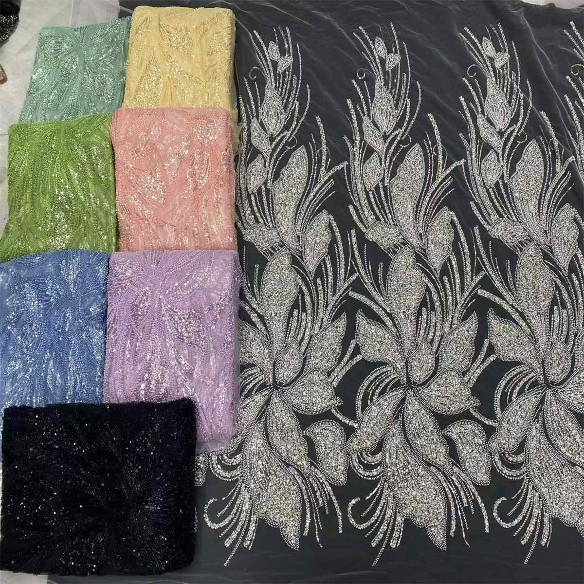 Beaded Fabric for Prom Dresses - 5 Yards, Embellished Tulle Fabric with Beads, Sequins, Pearls