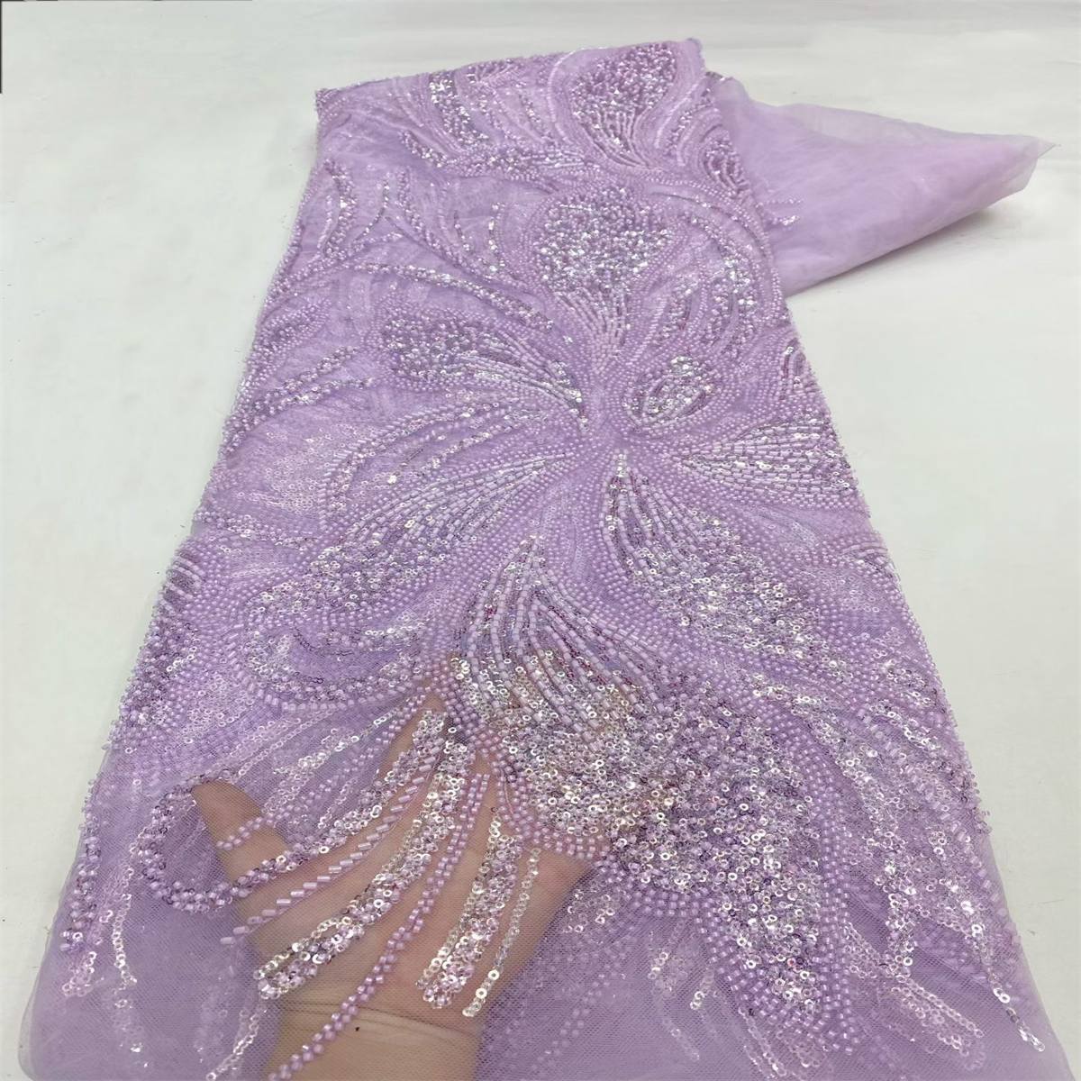 Beaded Fabric for Prom Dresses - 5 Yards, Embellished Tulle Fabric with Beads, Sequins, Pearls