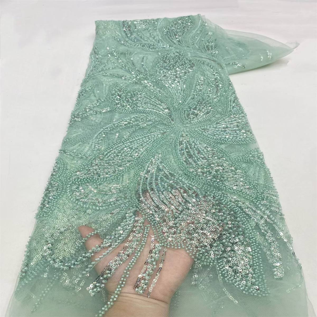 Beaded Fabric for Prom Dresses - 5 Yards, Embellished Tulle Fabric with Beads, Sequins, Pearls