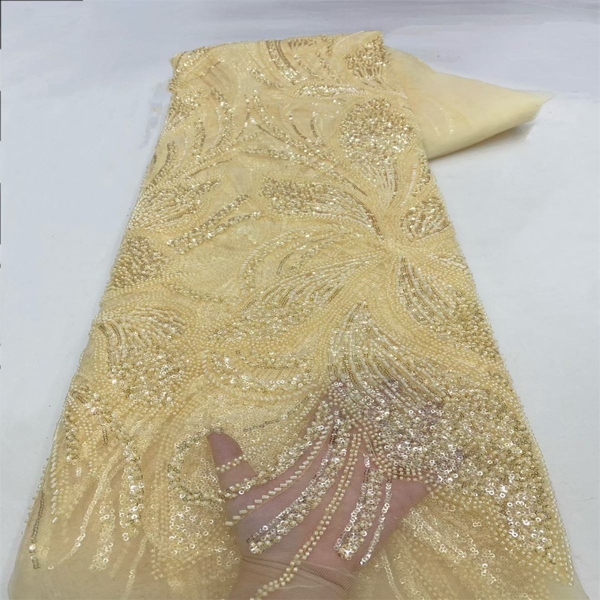 Beaded Fabric for Prom Dresses - 5 Yards, Embellished Tulle Fabric with Beads, Sequins, Pearls