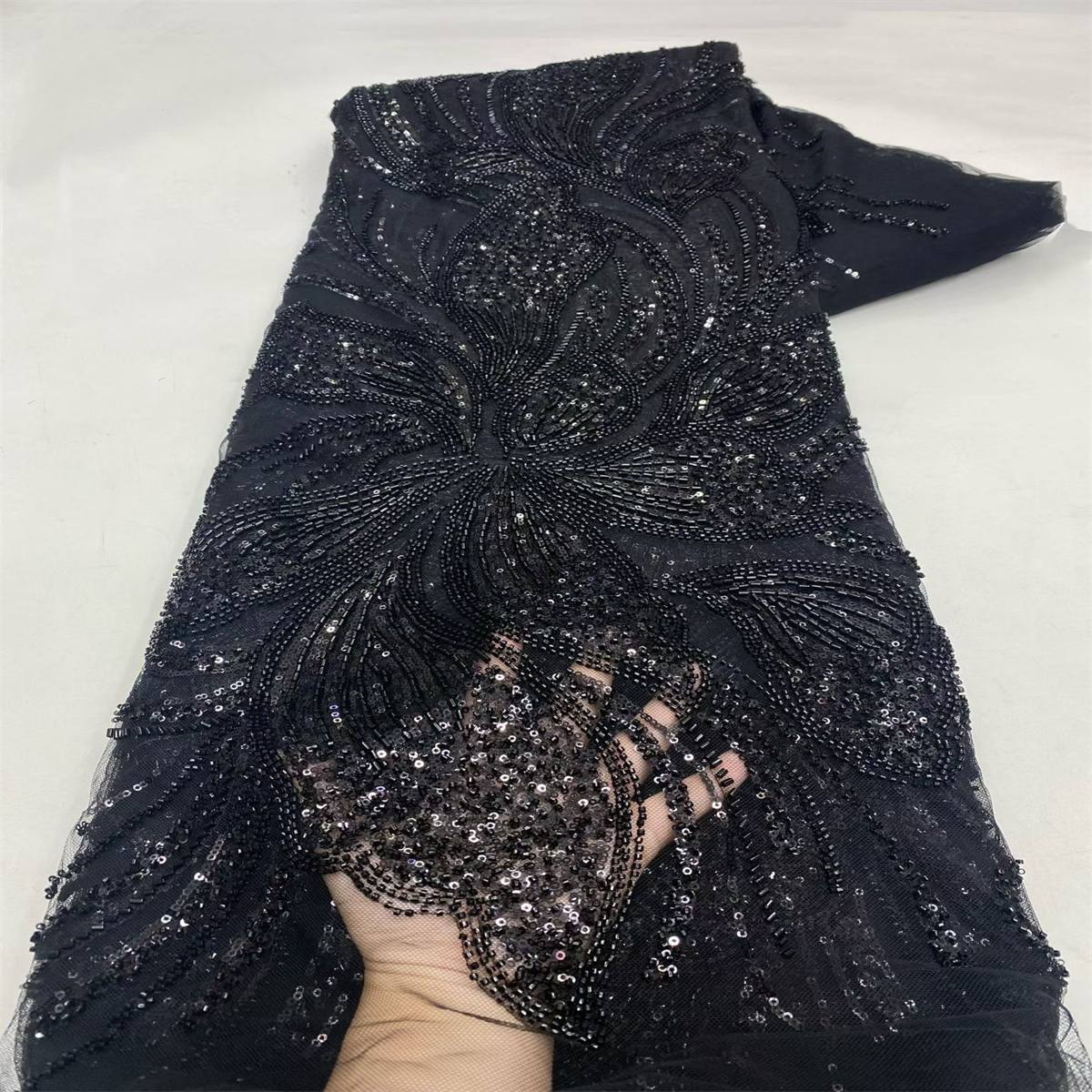 Beaded Fabric for Prom Dresses - 5 Yards, Embellished Tulle Fabric with Beads, Sequins, Pearls