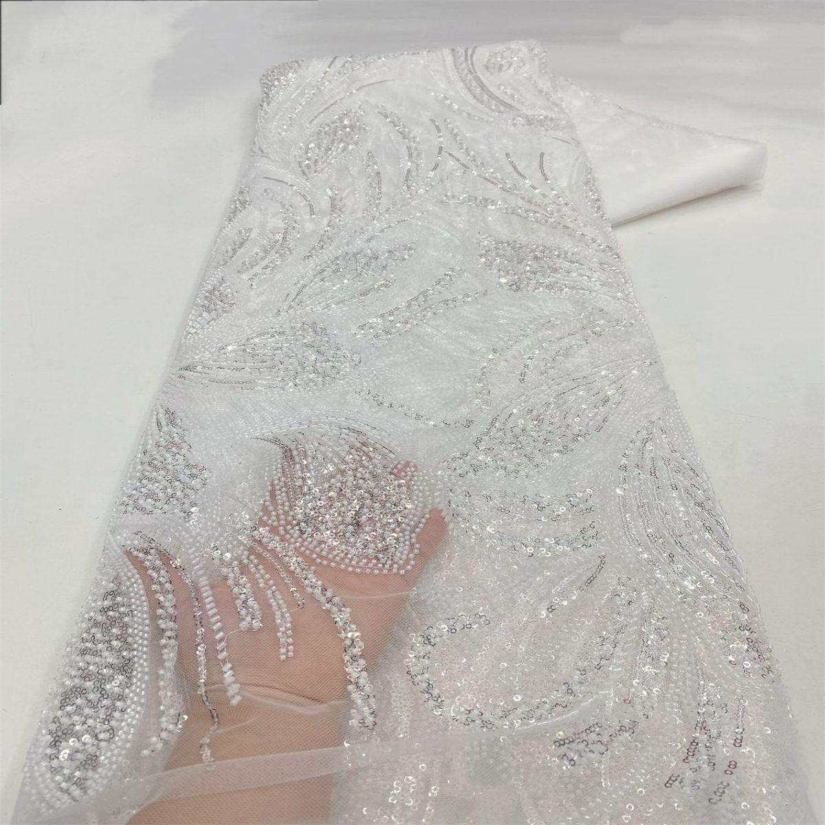Beaded Fabric for Prom Dresses - 5 Yards, Embellished Tulle Fabric with Beads, Sequins, Pearls