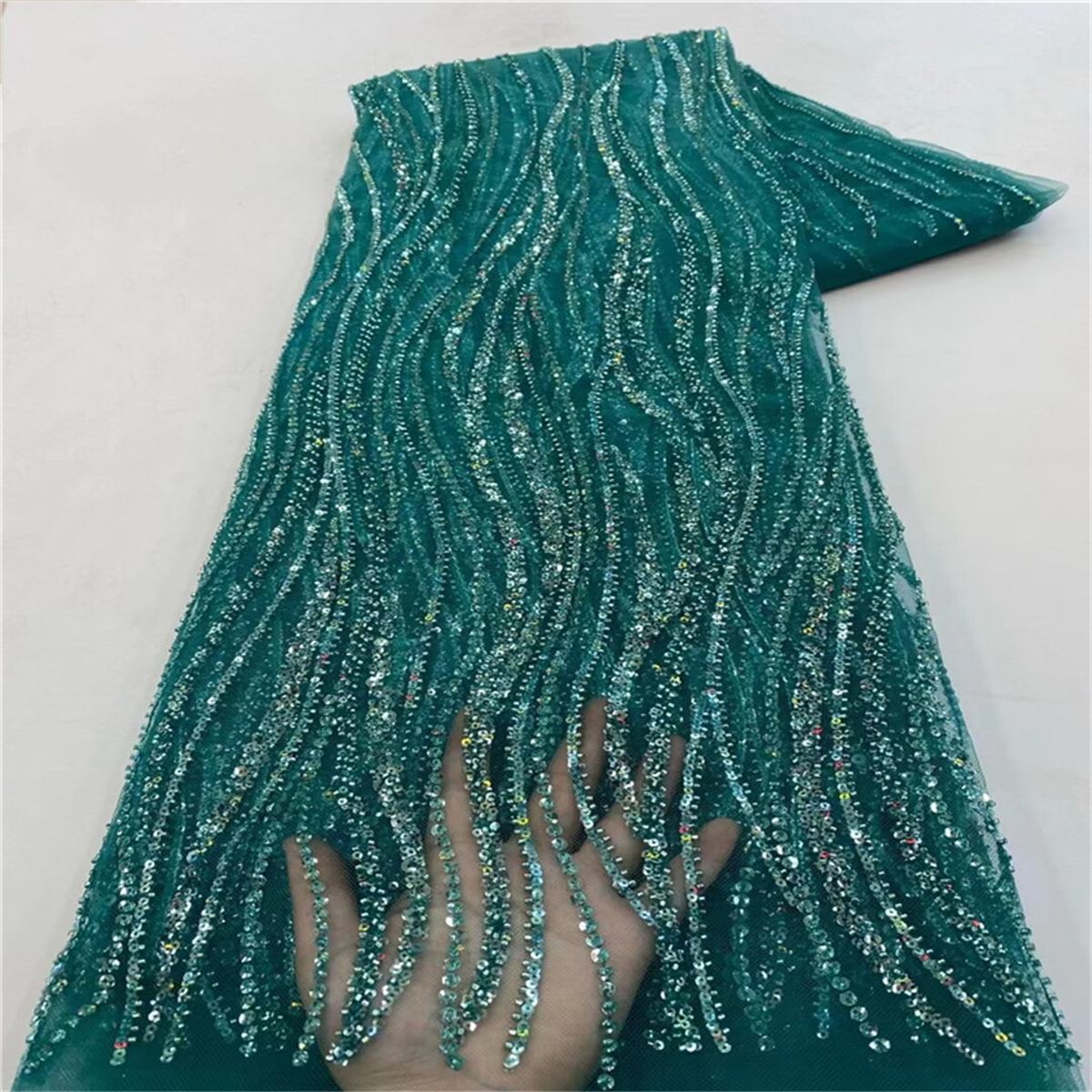 Beaded Fabric for Prom Dresses - 5 Yards, Embellished Tulle Fabric with Beads, Sequins, Pearls