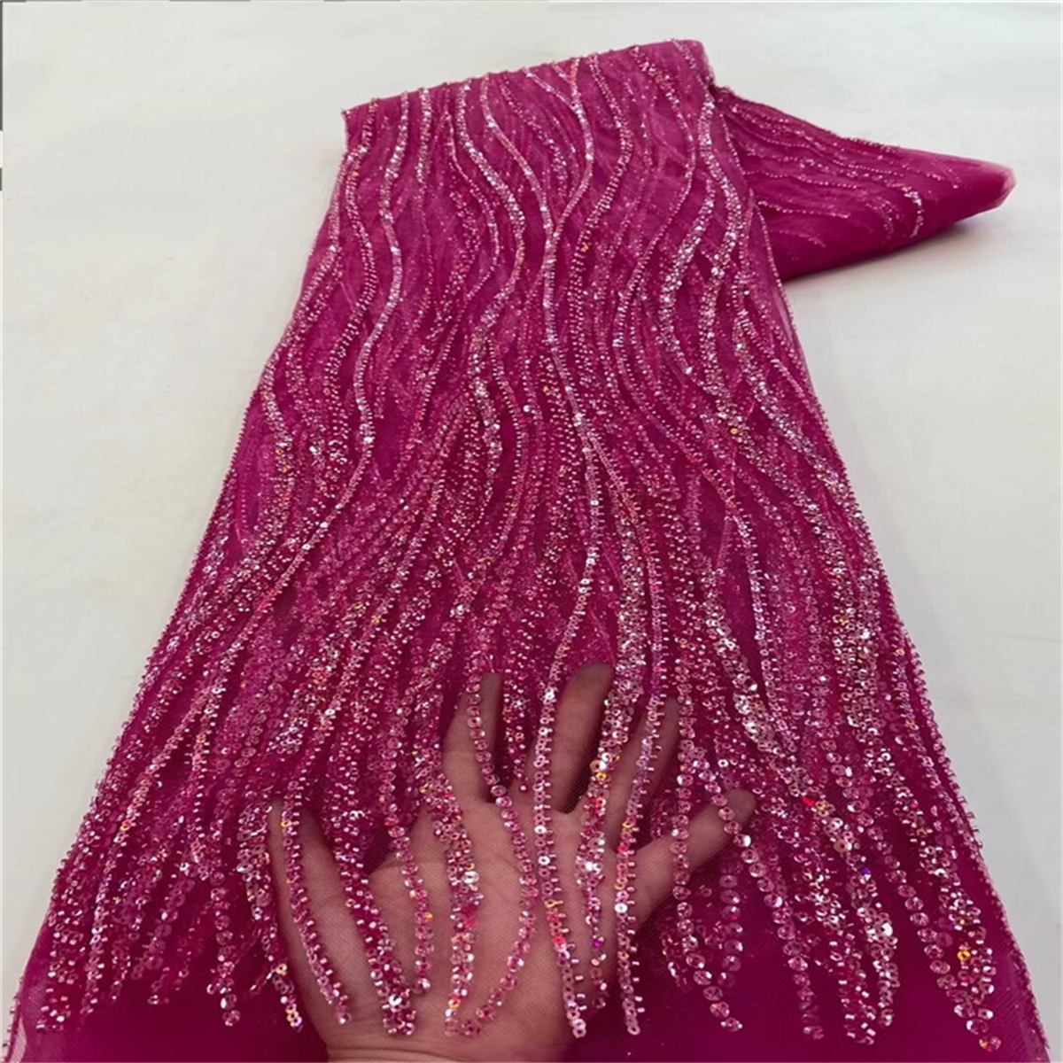 Beaded Fabric for Prom Dresses - 5 Yards, Embellished Tulle Fabric with Beads, Sequins, Pearls