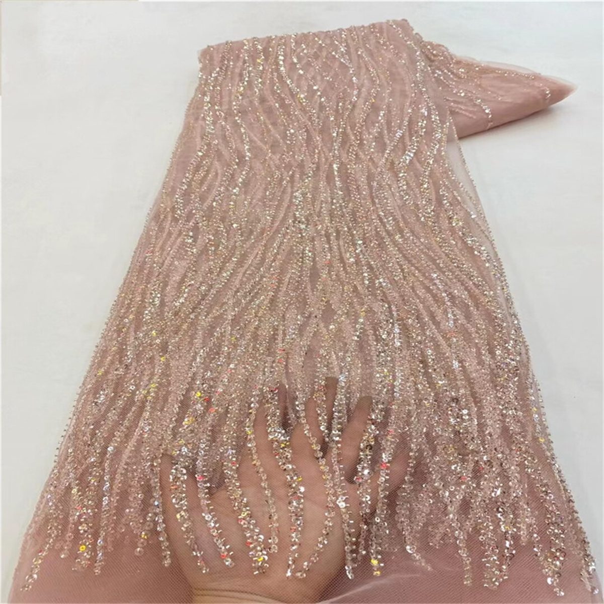 Beaded Fabric for Prom Dresses - 5 Yards, Embellished Tulle Fabric with Beads, Sequins, Pearls