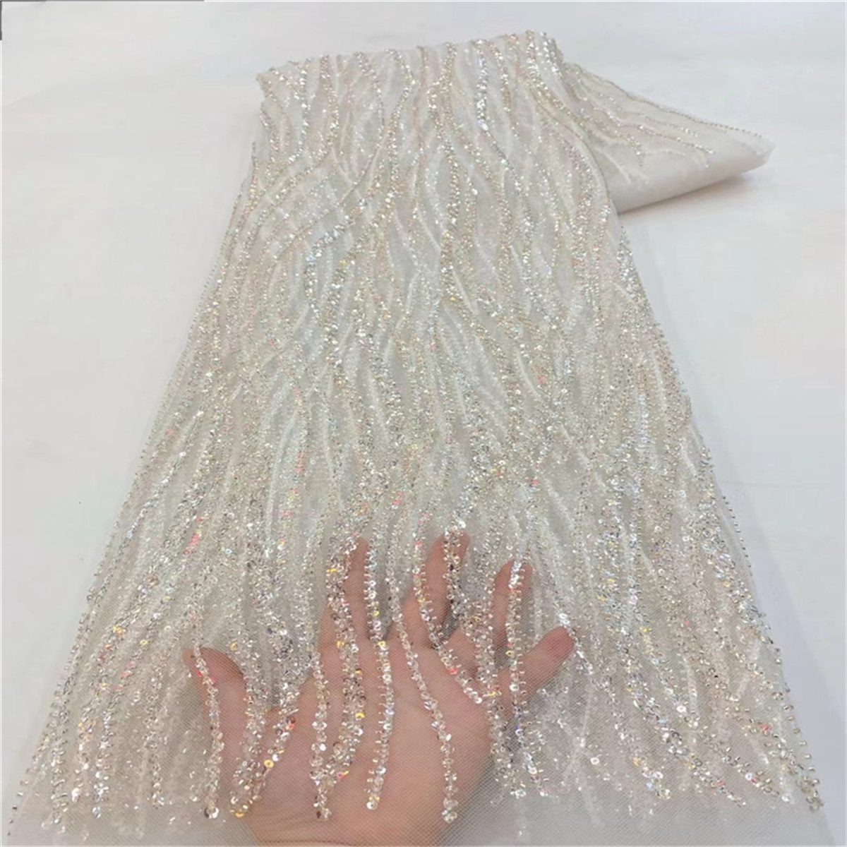Beaded Fabric for Prom Dresses - 5 Yards, Embellished Tulle Fabric with Beads, Sequins, Pearls
