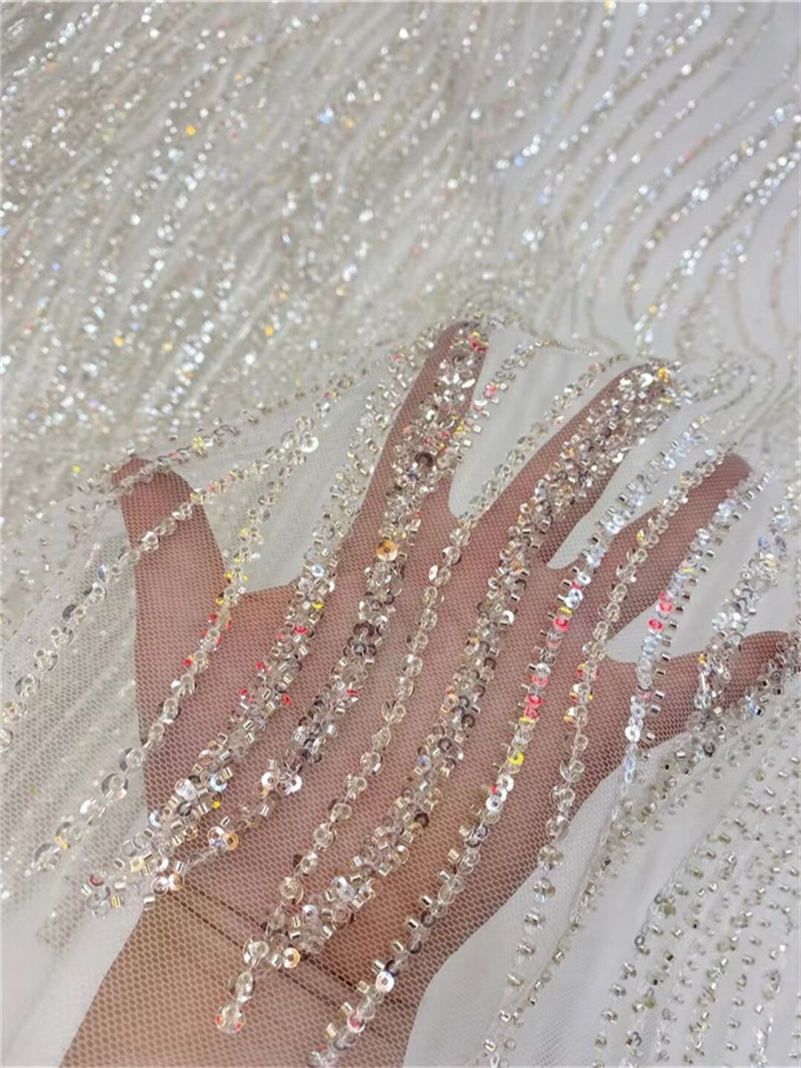 Beaded Fabric for Prom Dresses - 5 Yards, Embellished Tulle Fabric with Beads, Sequins, Pearls